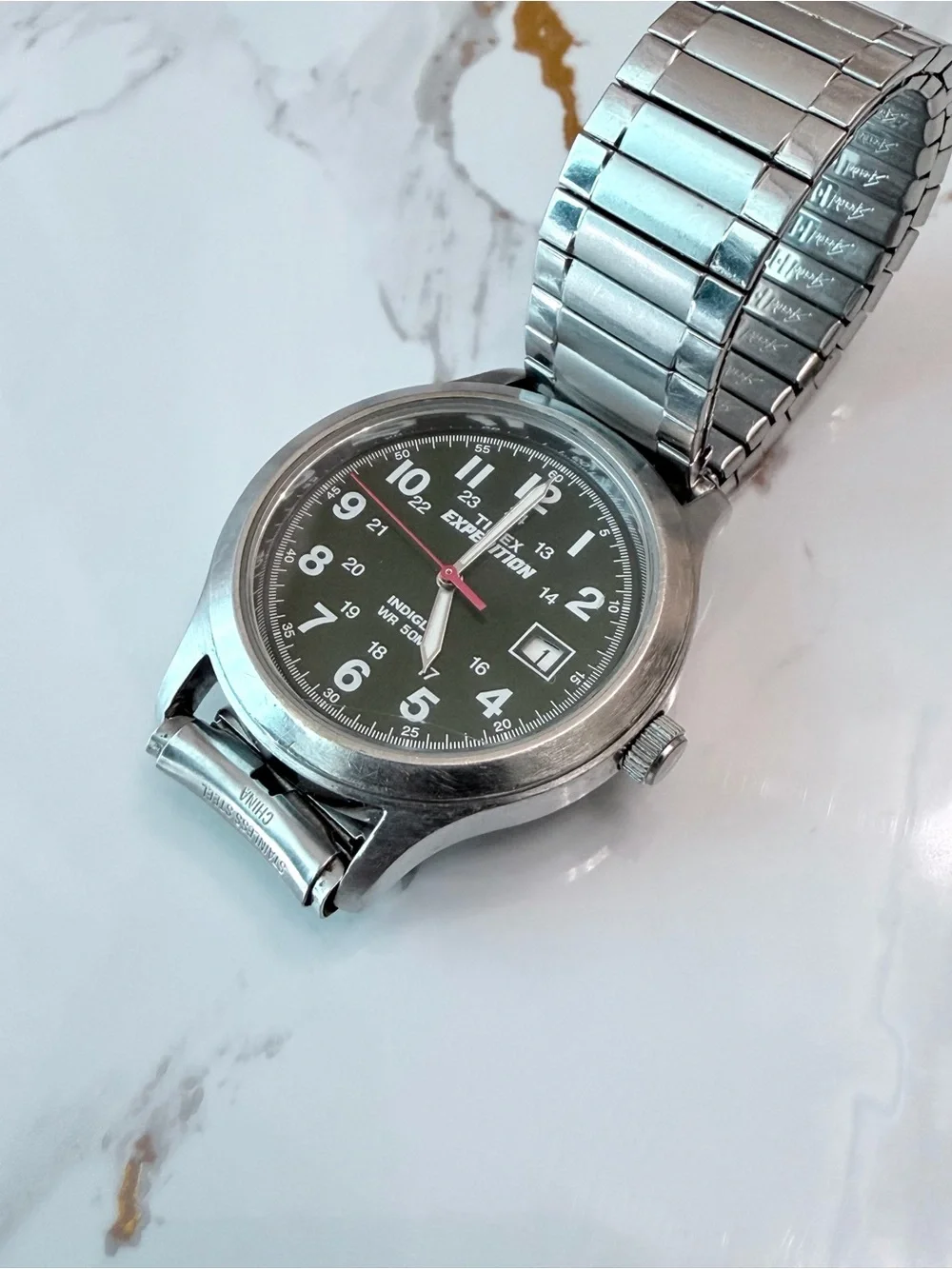 Vintage 2004 Timex Expedition Watch Silver Metal Expansion Band M6 Indiglo WR50